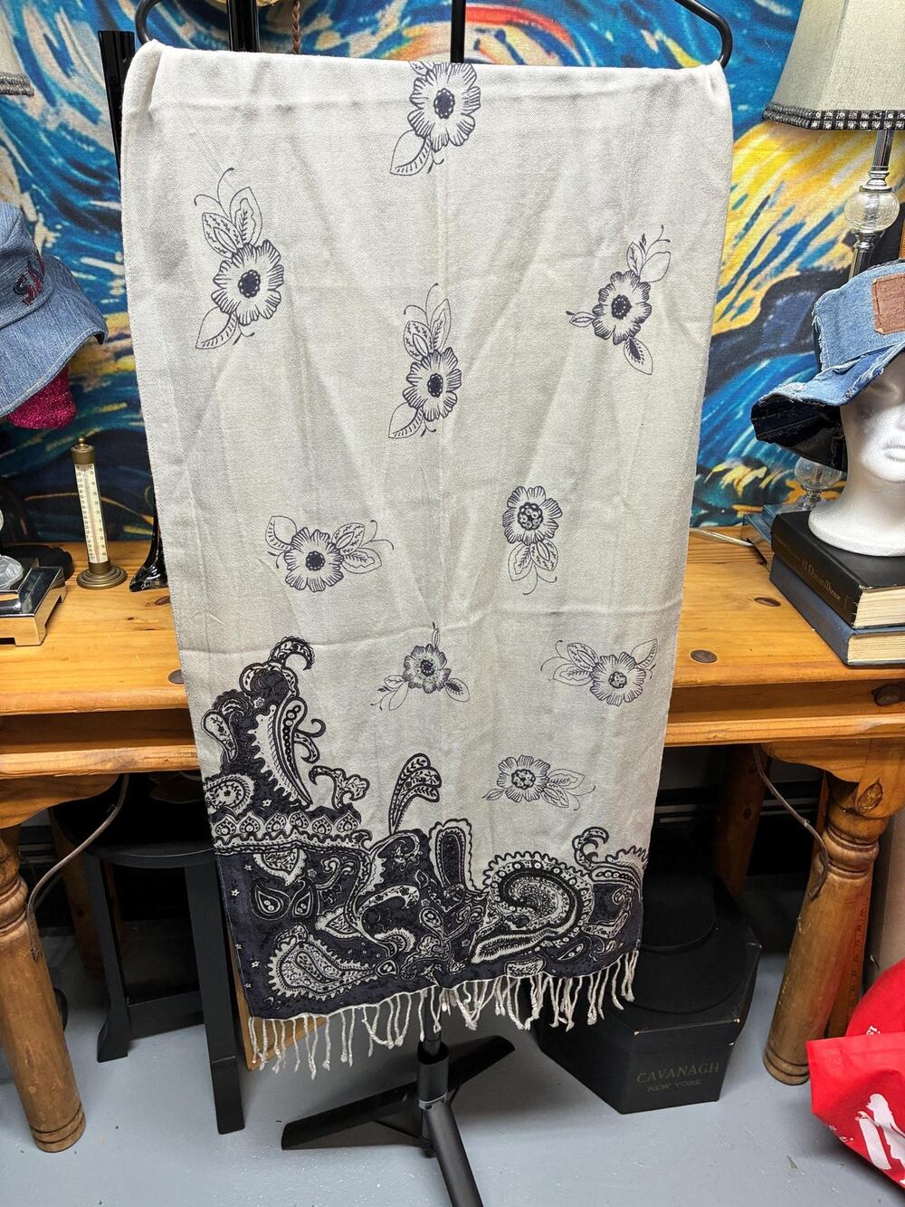 Vintage Old Navy Wool Scarf, Paisley Floral Print, Gray & Black with Sequins,